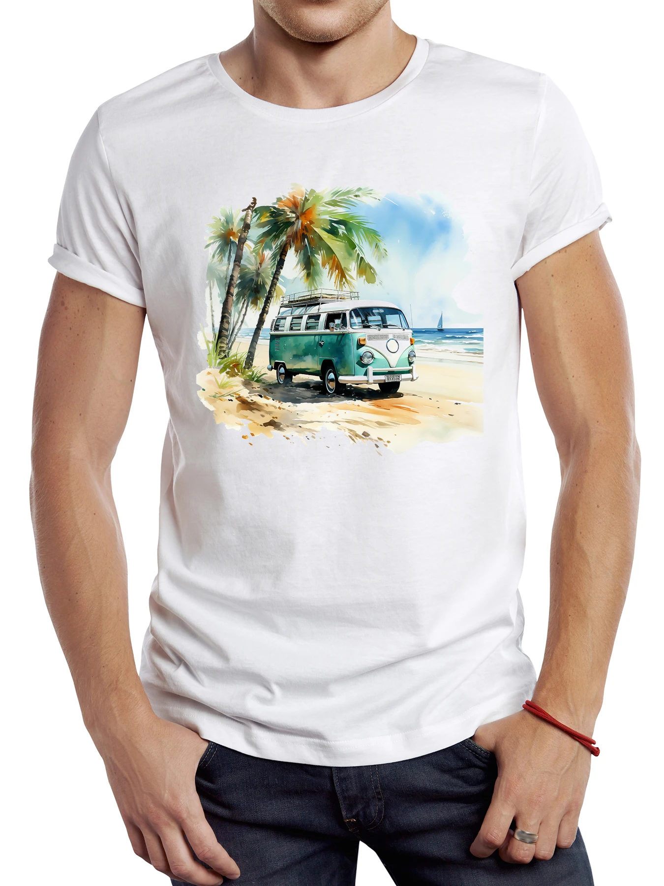 TEEHUB Vintage Aquarell Strand Campervan Männer T Shirt Grafik Strand Camping Sport Tuch Retro Camper Bus Tops Hipster T