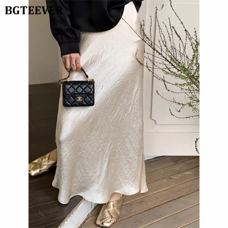 BGTEEVER Stylish Side Split Women Long Skirts Summer Elegant High Waist Ladies Satin Skirts