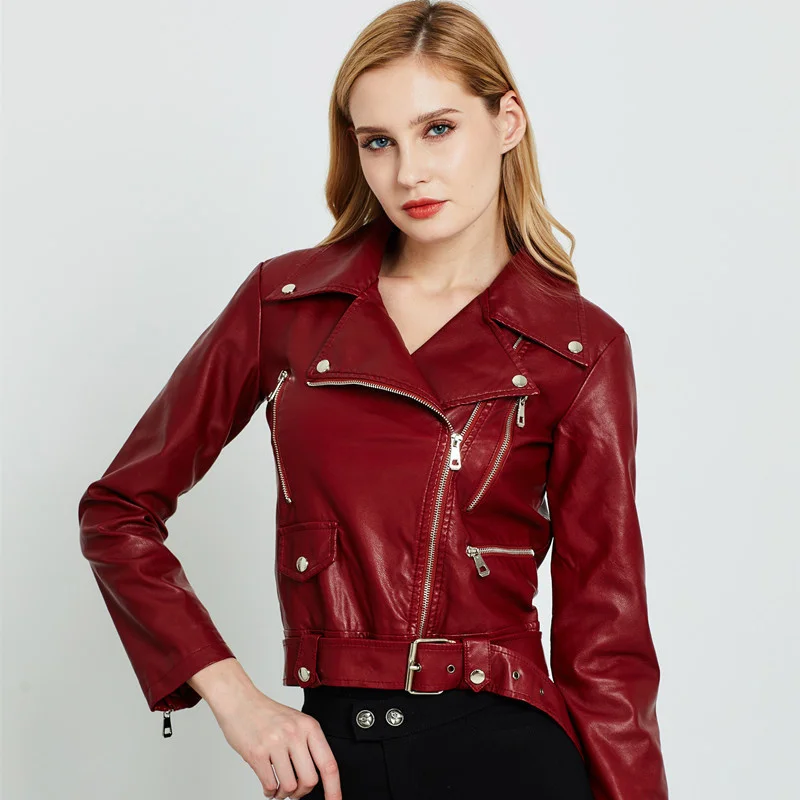 

Autumn Women Faux Leather Jacket Biker Red Black Coat Turn Down Collar PU Motorcycle Jackets Slim Streetwear Outerwear with Belt