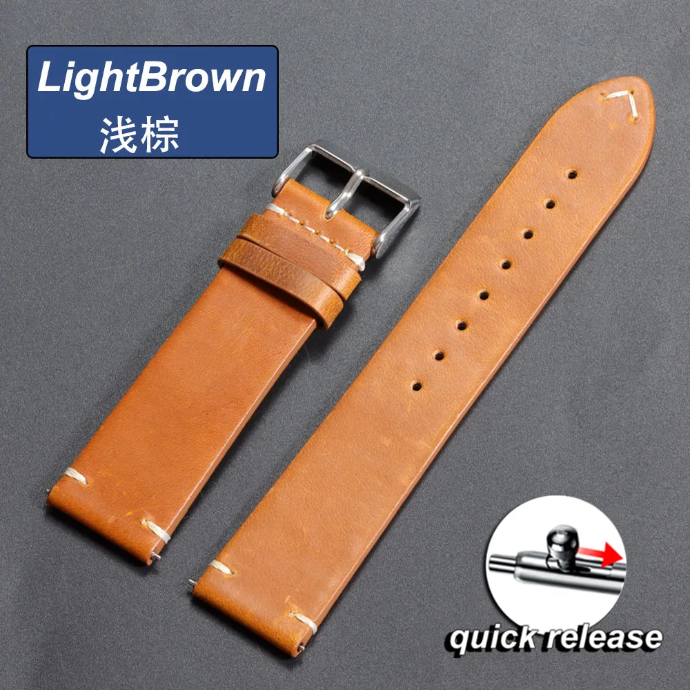Vintage Brown Oil Wax Leather Watchband with Universal Stitching
