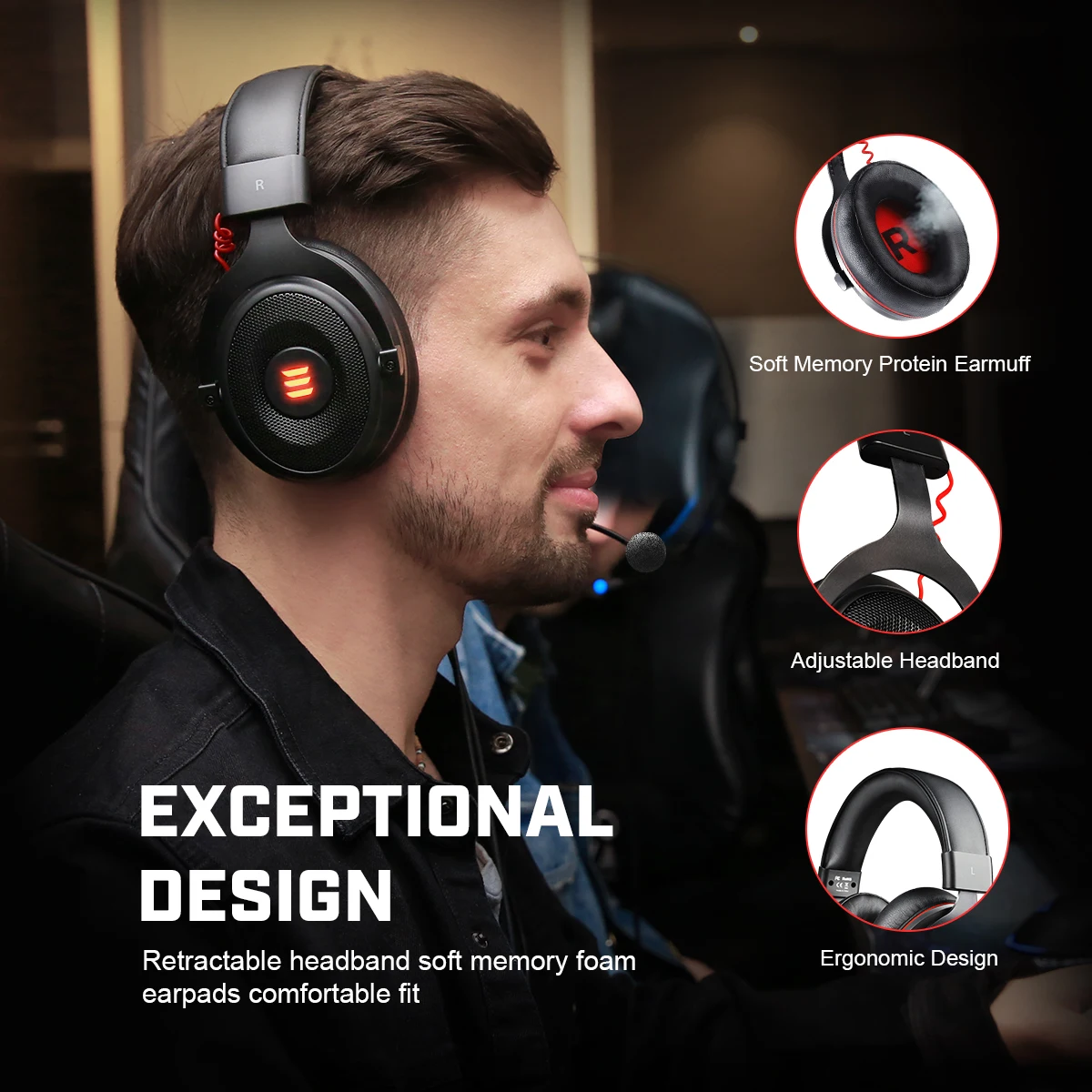 Auriculares grandes con casco y luz para estudio de grabación y juegos.