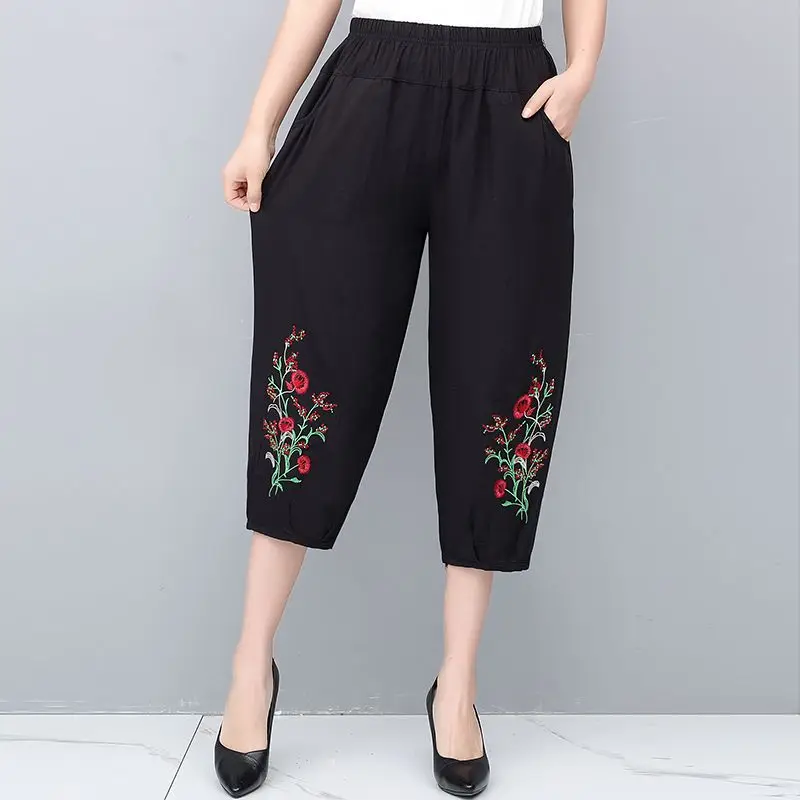 Summer New Women's Cotton Linen Embroidered Pants Black Embroidery Elastic High Waist Pockets Casual Versatile Straight Trousers