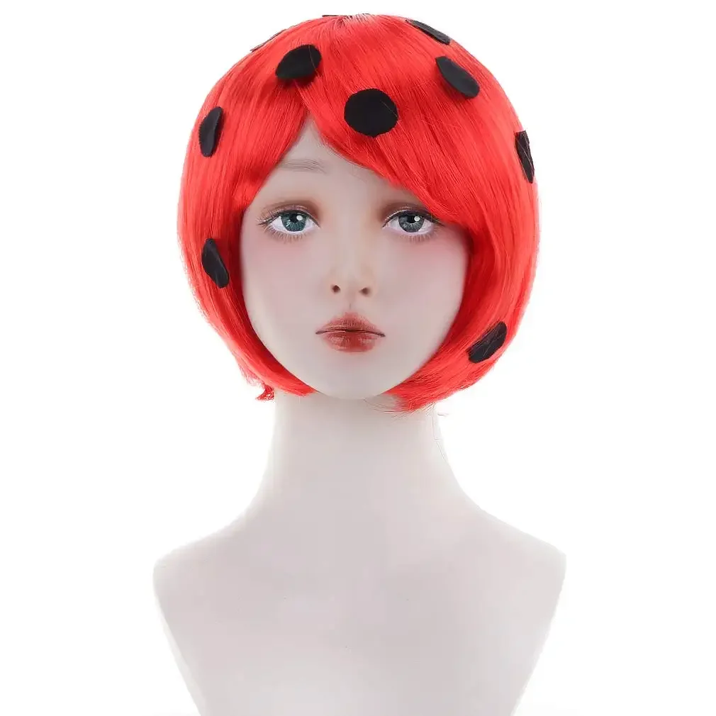 

AICKER Short Bob Wig With Bangs Synthetic Wigs For Women Red Black Dot Ladybug Role Cosplay Natural Hair For Party Daily Use