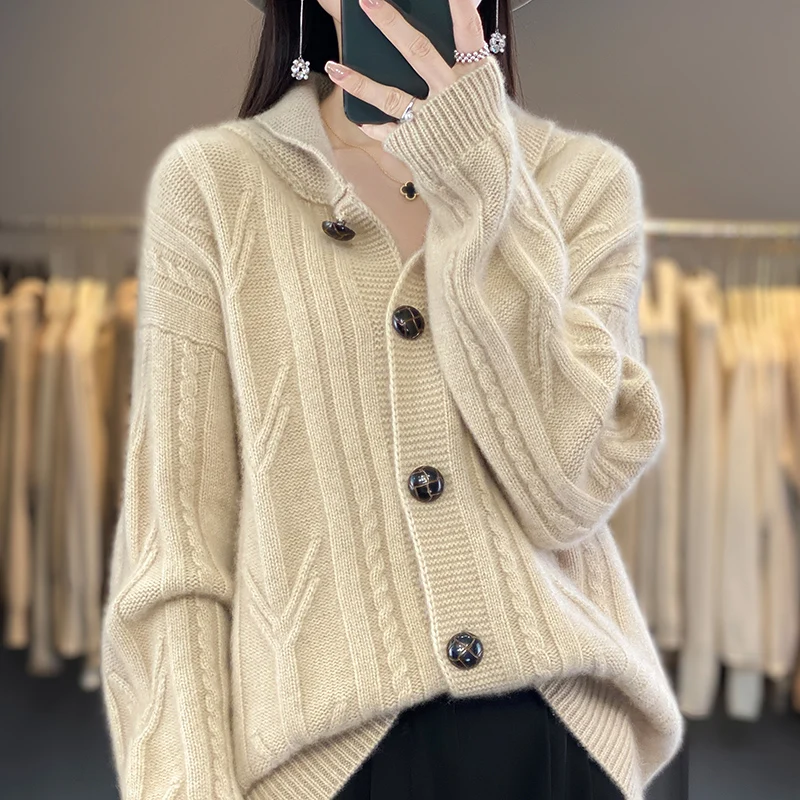 

Hot selling women's cashmere wool full sleeve sweater Solid color knitted O-neck cardigan Women's pure wool sweater 3 colors