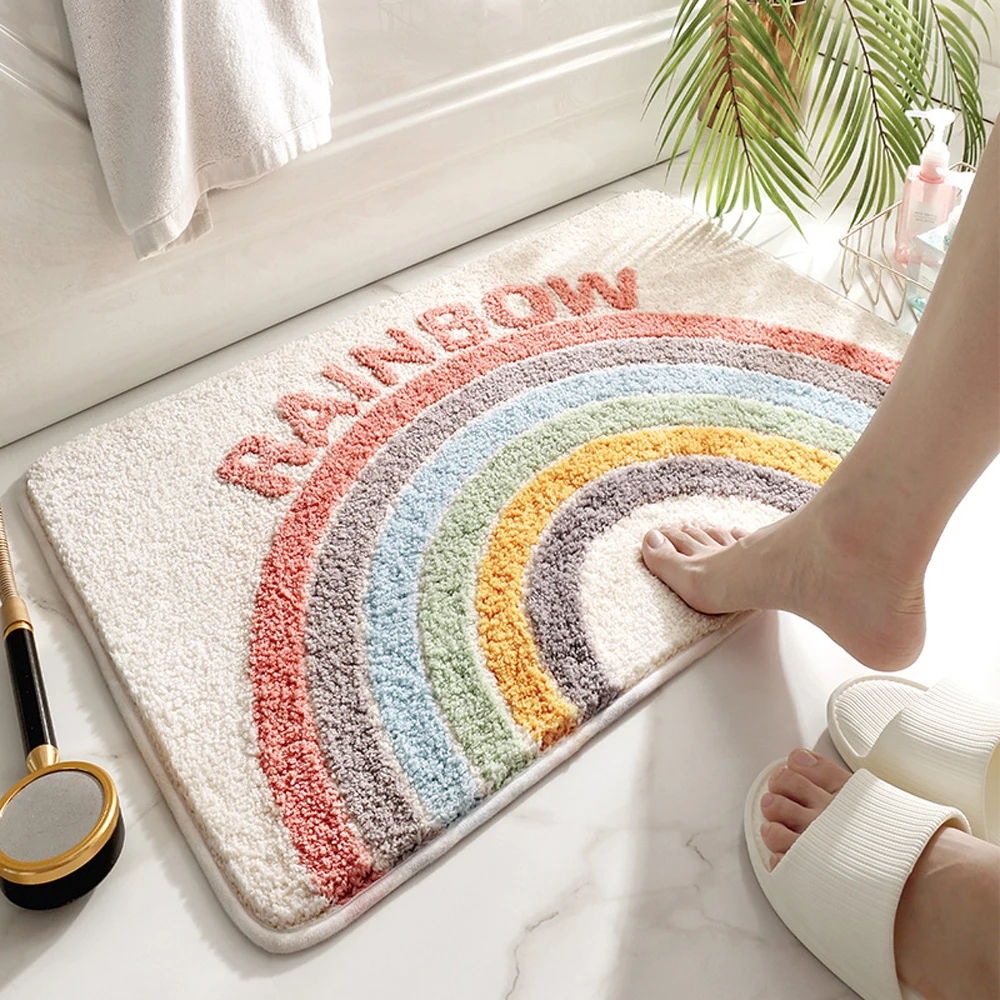 

Microfiber Fleece Floor Mat Rainbow Carpet Bath Room Flower Rugs Water Absorbent Non-Slip Soft Bathmats Machine Washable Decor