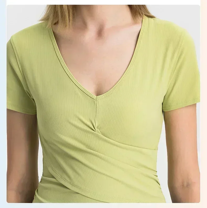 Lemon Women Yoga Gym Shirts Outdoor Jogging Fitness Sport Crop Top Womens Clothing Ribbed T-Shirts Folded Waist Sportswear