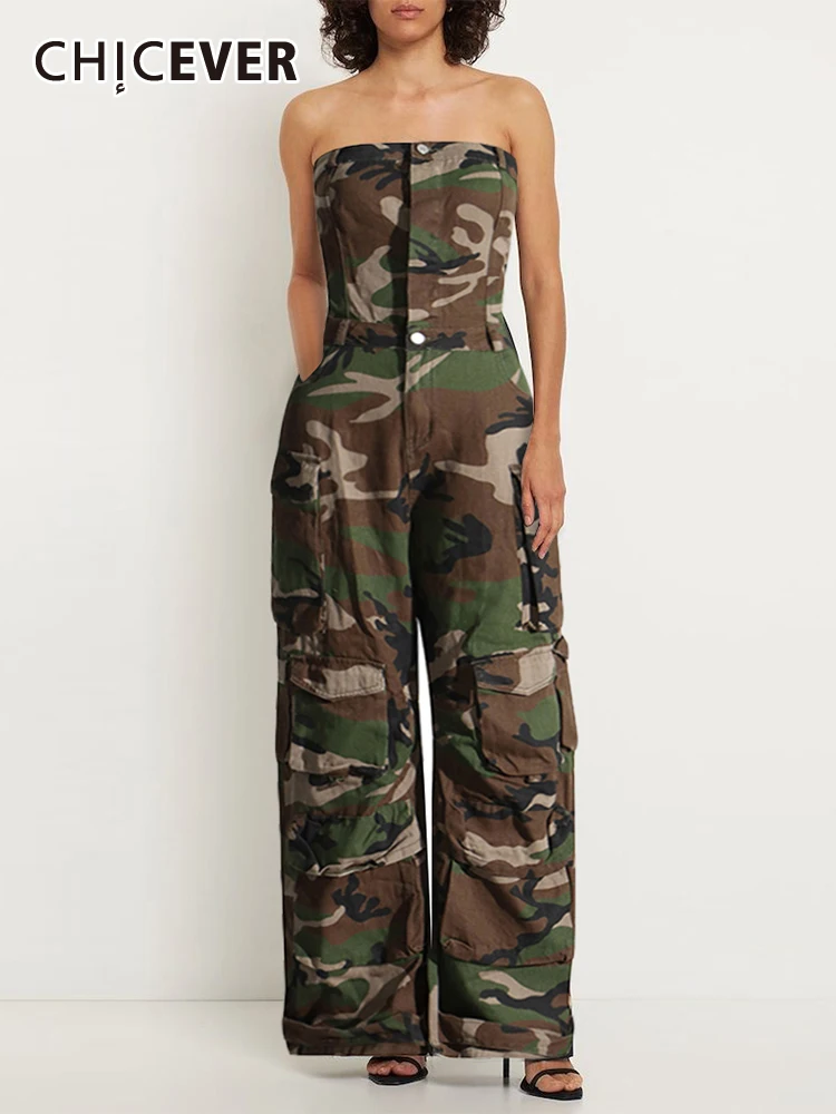 CHICEVER Fashion Camouflage Jumpsuits For Women Strapless Sleeveless High Waist Streetwear Colorblock Cargo Jumpsuit Female 2023