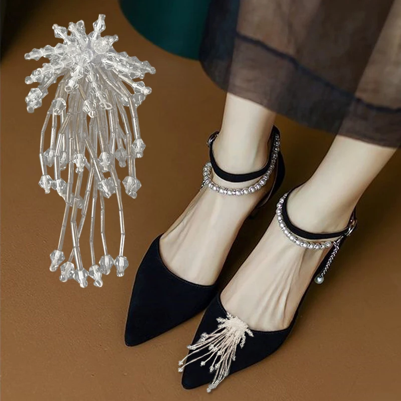 

2 Pcs Fashion Bridal Shoe Clips Detachable High Heels Shoe Buckle Beading Shoe Accessories Silver Shoe Decoration for Women