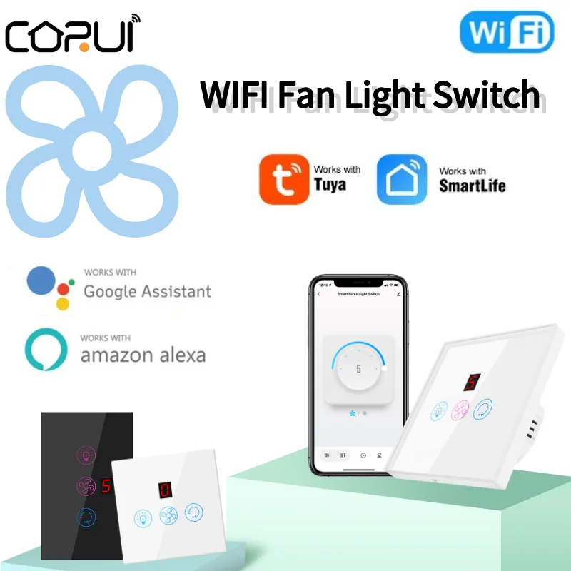 

CORUI Tuya WiFi Smart Fan Light Switch Ceiling Fan Lamp Switch Smart Life App Remote Control Support Alexa Google Home Assistant