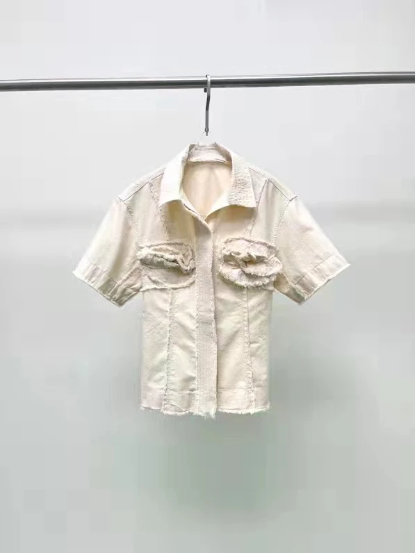 

2023 New fashion good quality show runway raw hemp color wash edge adjustable waist short sleeve cotton top