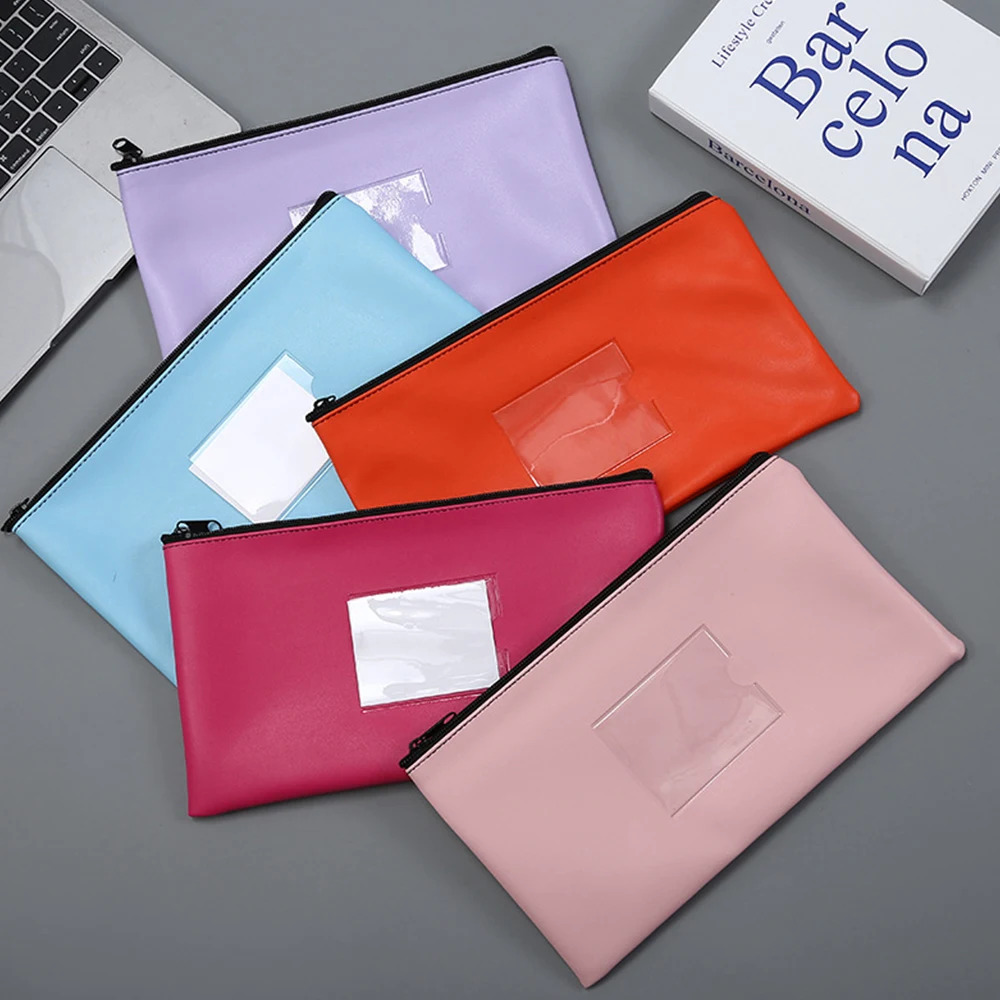 

PU Leather File Pouch Money Document Organizer Zipper Safe Portable Receipts Holder Stationery Storage Wallet Cash Receipt Bag