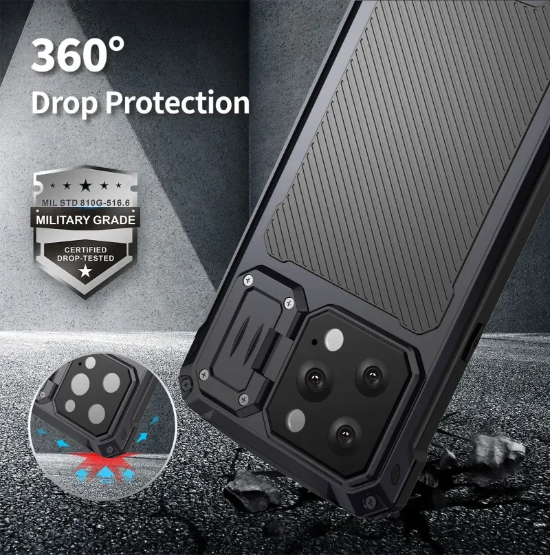 Heavy Duty Armor Cool Metal Case For iPhone 14 Pro Max Built-in Camera Kickstand Glass Screen Protector Protective Rugged Cover