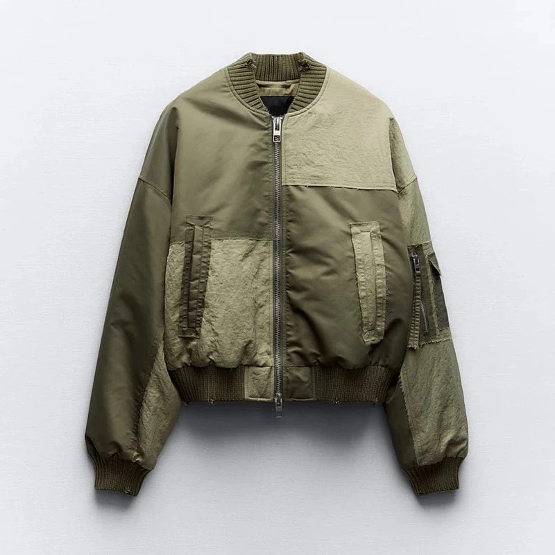 

2024Spring Autumn Women Jacket Patchwork Bomber Jackets For Women Coat With Pockets Long Sleeve New in Outerwears Streetwear Y2k
