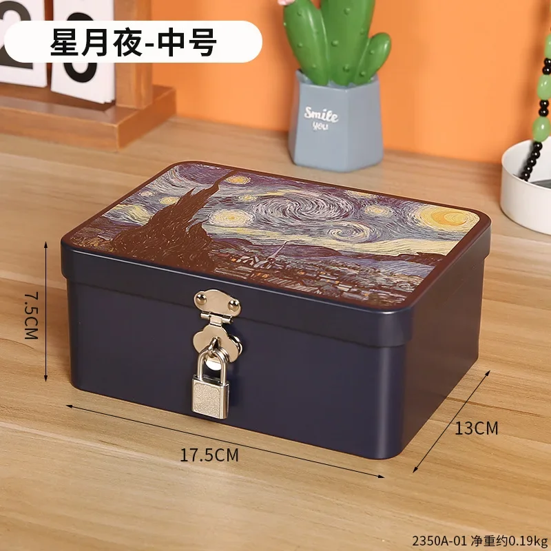 Vintage Tinplate Lockable Storage Box Desktop Storage Cosmetics Sundry Household Jewelry