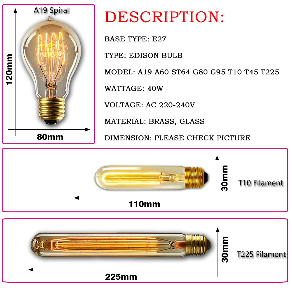 A19-2 220V 40W Verre E27 40.00 wattsW 220.0 voltsV Vintage Edison Ampoule à filament de tungstène ampoule à vis E27 