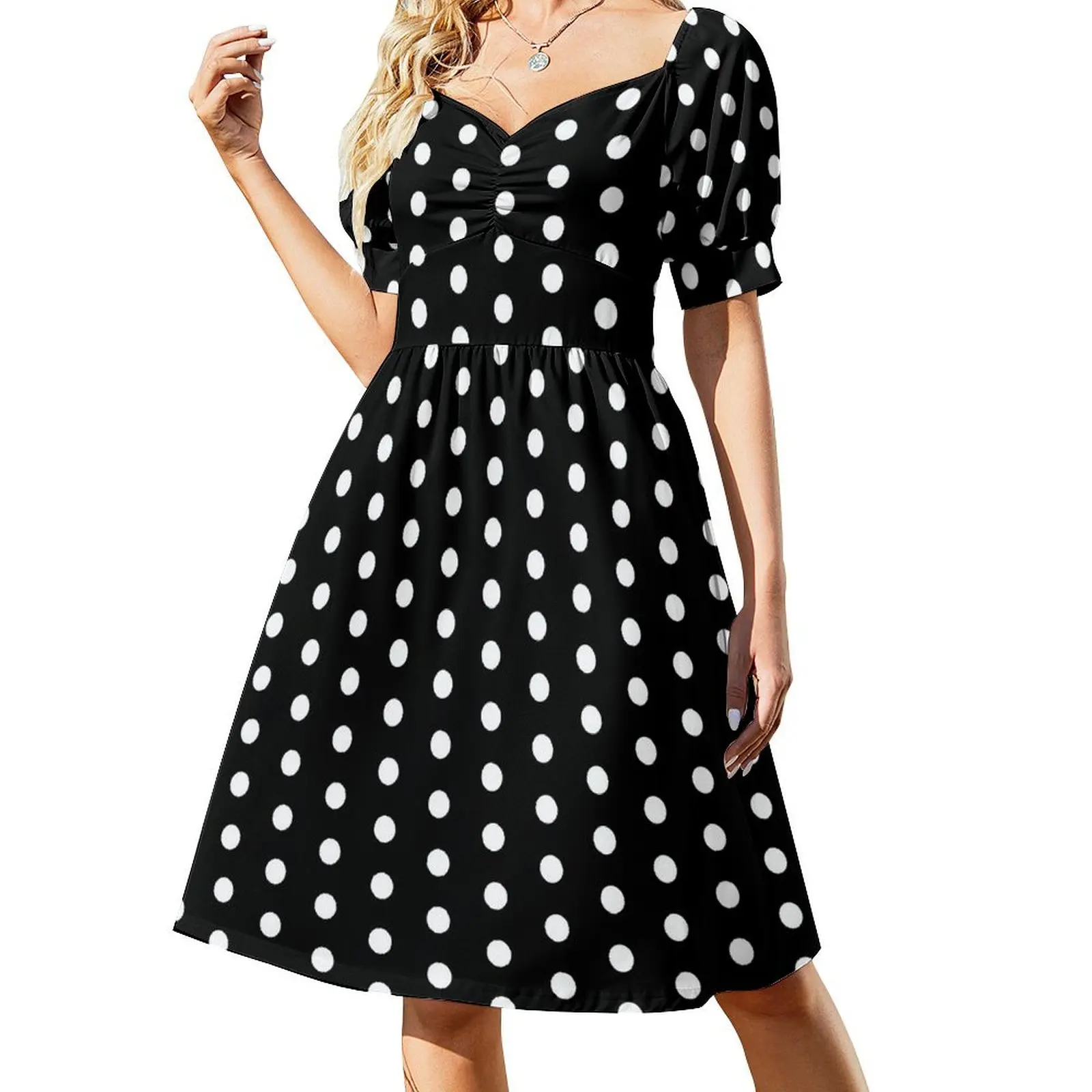 Vestido negro con lunares blancos, vestido de manga corta, vestidos de moda para mujer, vestido de noche de lujo para mujer, vestido de hada