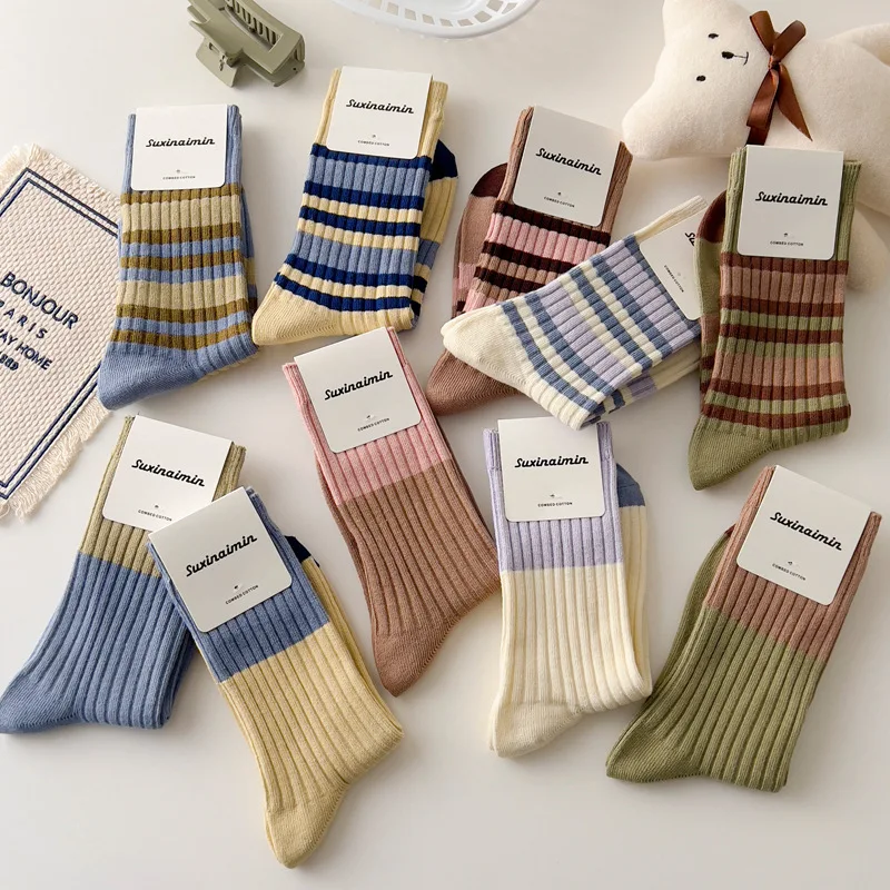 

5 Pairs Spring Summer Vintage Women's Socks Striped Mid-tube Japanese Preppy Cotton Breathable Casual