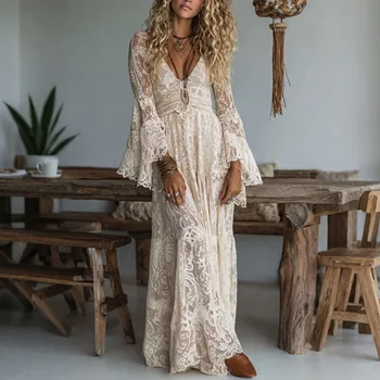 New Deep V Neck Embroidery Lace Woman Dress Spring Hollow Out High Waist Crochet Dresses Autumn Flare Sleeve Jacquard Long Dress 1