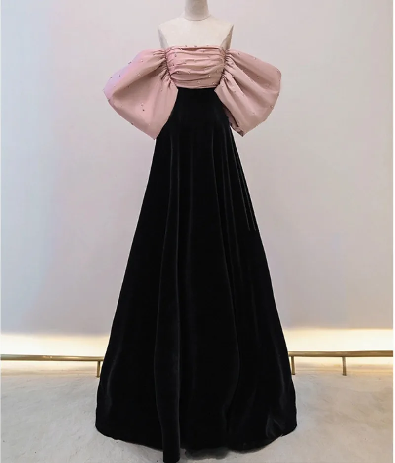 

New Strapless Satin Formal Evening Dresses Elegant Puff Sleeve Party Train Dress Women Vintage Black Birthday Gown Vestidos