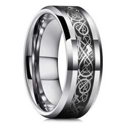 Timeless Titanium Stainless Steel Ring with Black and Blue Carbon Fiber Inlay - Elegant Men's Wedding Band and Gift Accessory - 8 (Silver Color)