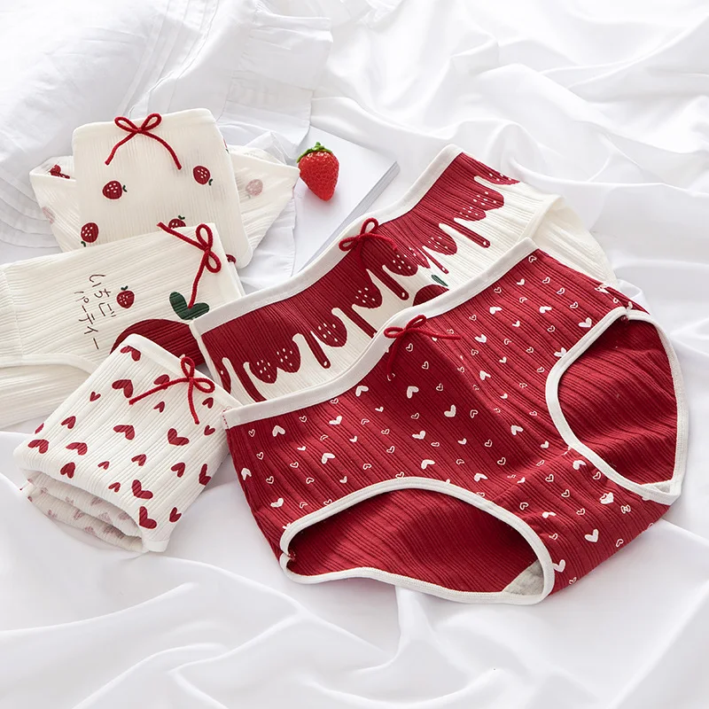 

1/3 Pcs Female Lingerie Cotton Soft Panties Sexy Women Underwear Lace Up Briefs Strawberry Hearted Mid Waist Printed Bow Pantys