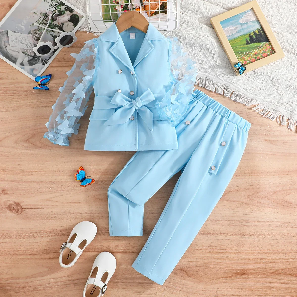 Spring Autumn Girls Clothing Sets Gauze Butterfly Long Sleeve Lapel Solid Suit Jacket Coat + Pants + Bow Belt Children's Clothes