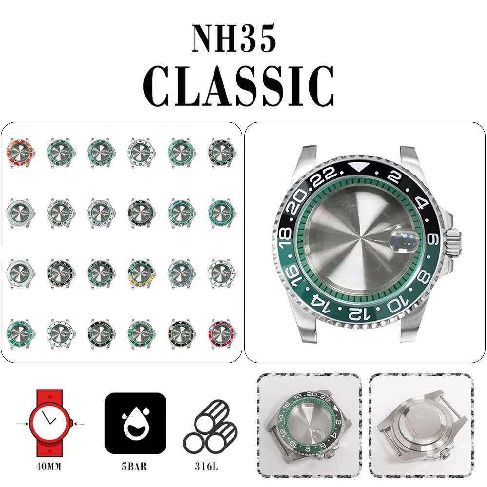 

Кольцо из нержавеющей стали 316L с плотным дном 40 мм и зеленое внутреннее теневое кольцо + увеличительное стекло с сапфиром, может быть установлено с NH35/NH3