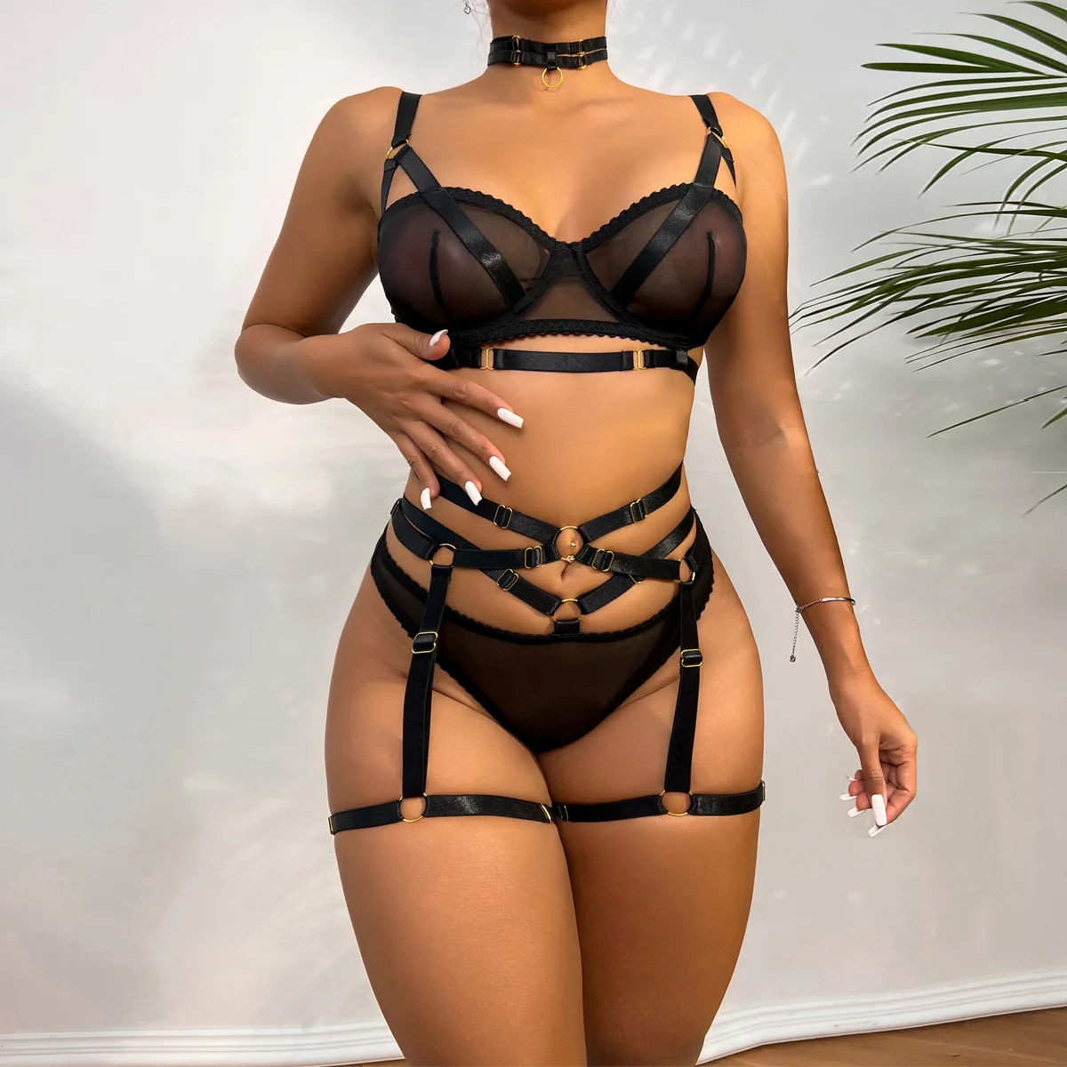 Black Intimate Womens Bra and Underwear Transparent Panty Set See Through Lace Erotic Costume Four Piece Sissy Lingerie Suit cheap underwear sets