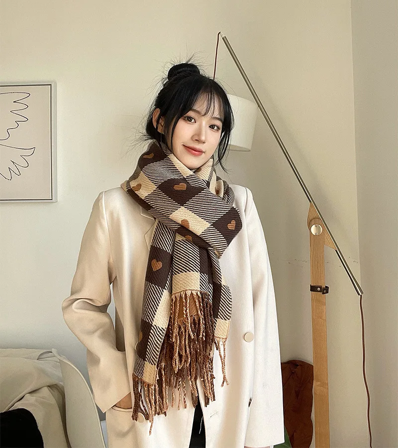 Fall Winter Imitation Cashmere Women's Double-sided Love Plaid Scarf Korean Tassel Warm Large Shawl Versatile Thick Wrap 2025 ﻿ 6