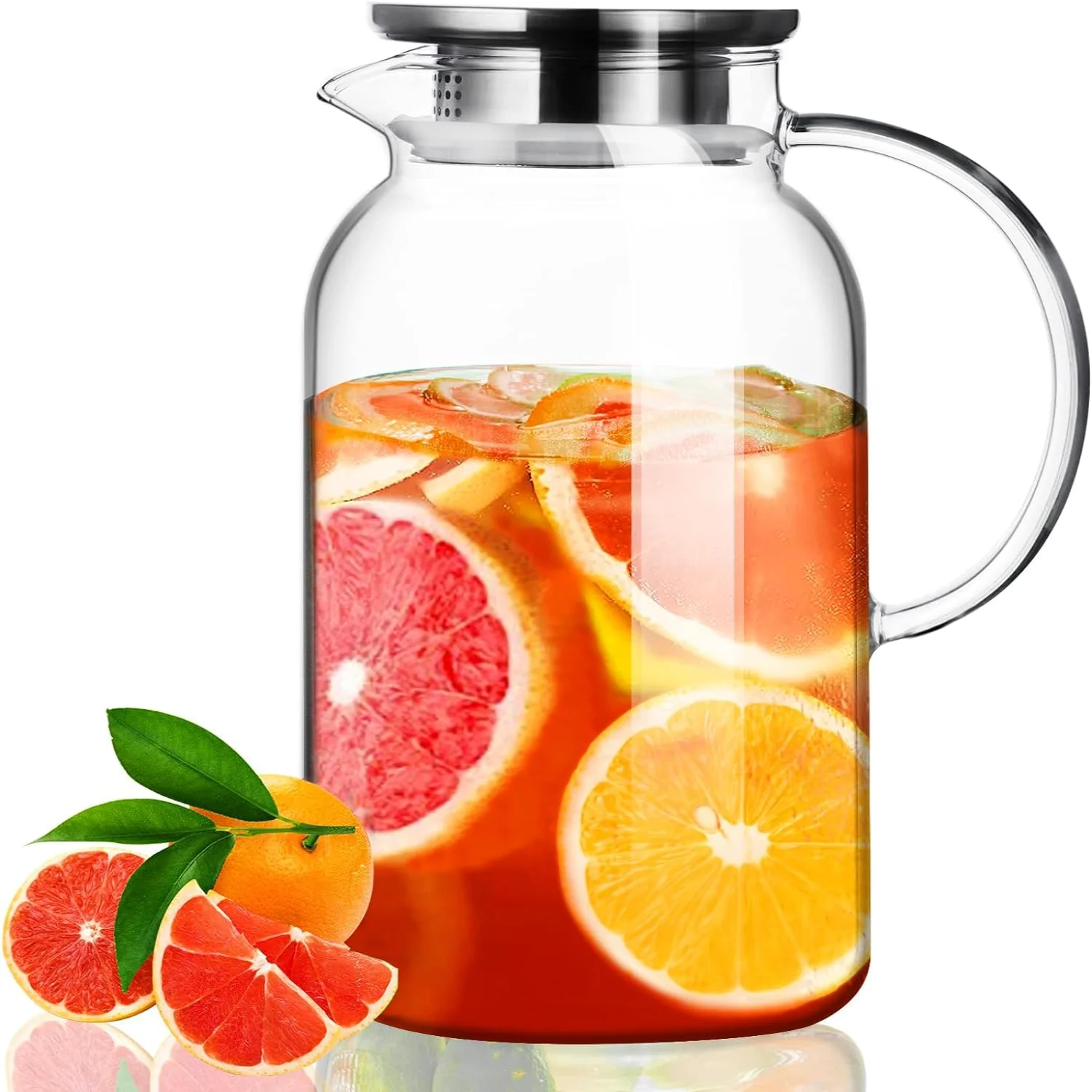 Glass Pitcher with Lid, Hot& Cold Glass Water Pitcher with Handle, Iced Tea Carafe for Coffee, Juice, Lemonade and Milk