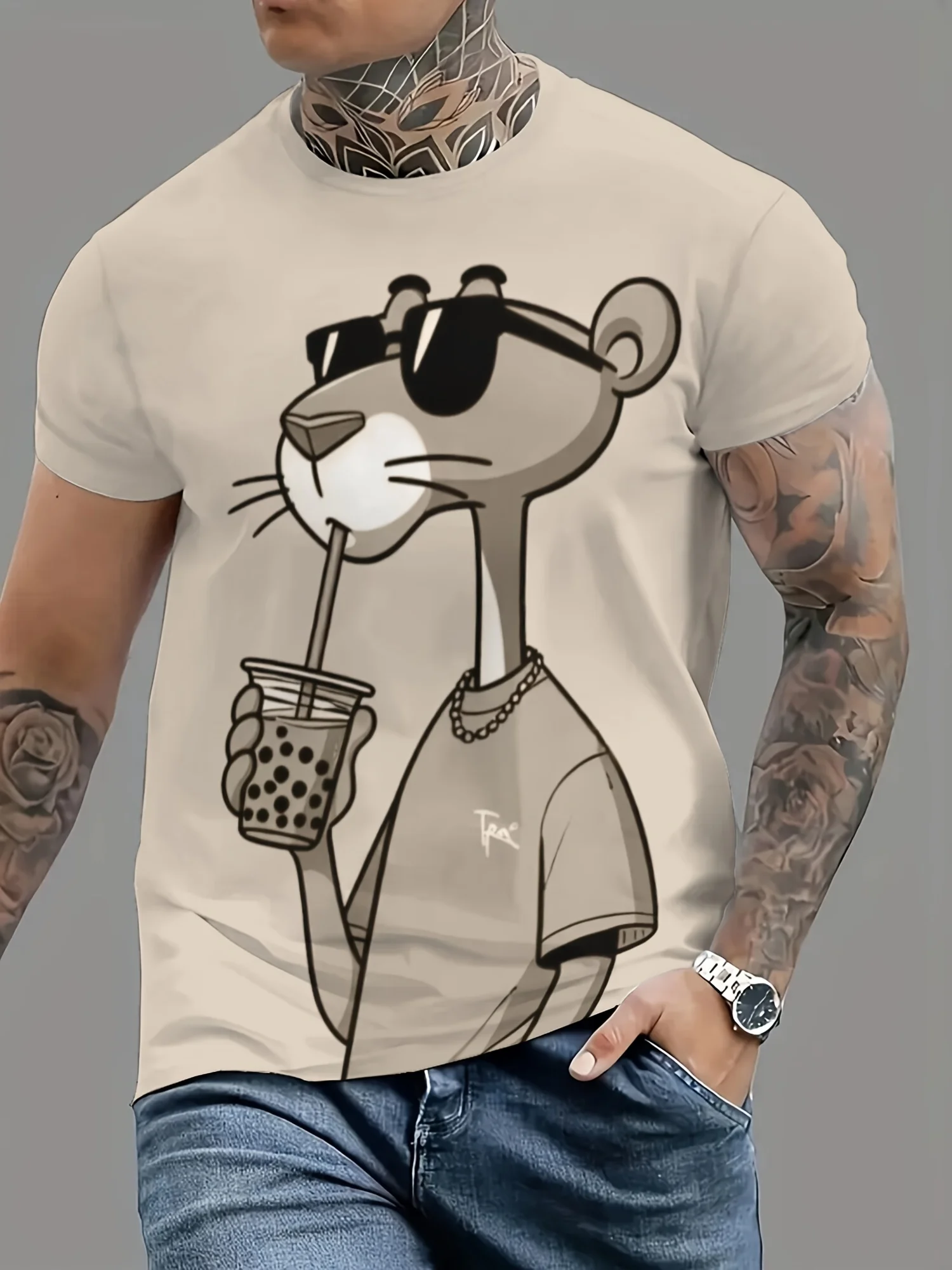 Summer New Mens T-shirts Cartoon Pink Panther Print Short Sleeve O-neck Tees Casual Loose Daily Sports Oversized Unisex Tops 5