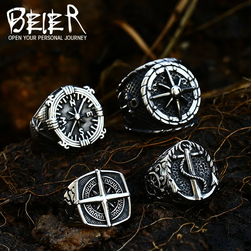 Stainless Steel Ring Finger Ring 316L Stainless Steel Viking Cross Compass Runic Pirate Men's Ring Nautical Fashion Jewelry BR8-108R