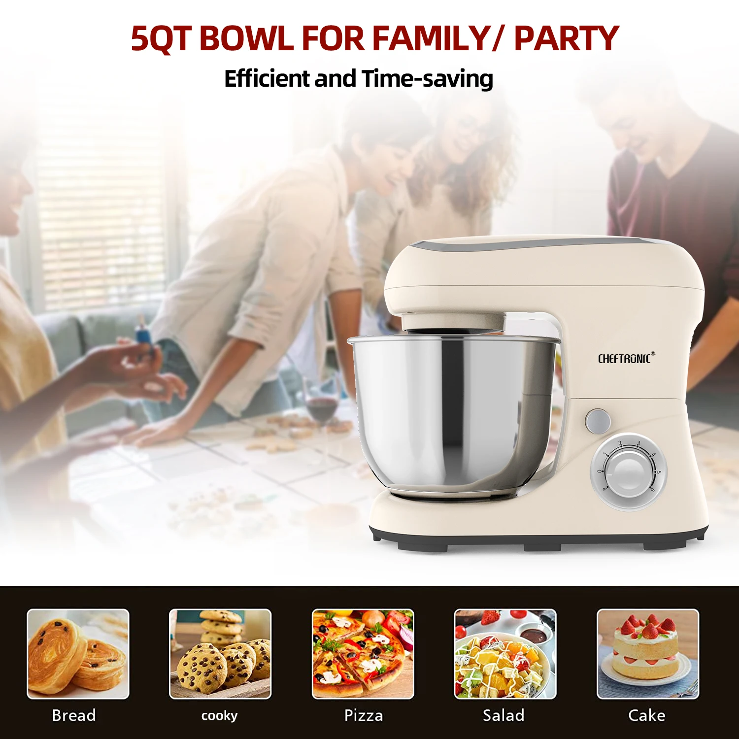 US Plug,1pc CHEFTRONIC Stand Mixer, 5Qt Tilt-Head Electric Household Stand Mixer - 500W 6+P Speed, Food Beater And Butter Beater 5