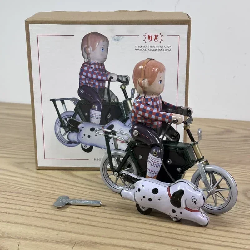 Little Hunter Riding Bike and Walking Dog Retro Nostalgic Collection Wind Up Toys Iron Crafts Ornament Clockwork Toys