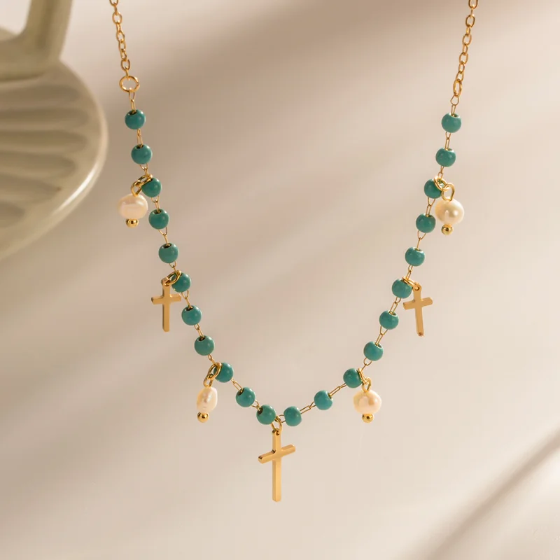 

Blue Natural Stone Necklace Cross Freshwater Pearl Tassel Pendant Titanium Steel Plating Necklace for Women Female Gifts