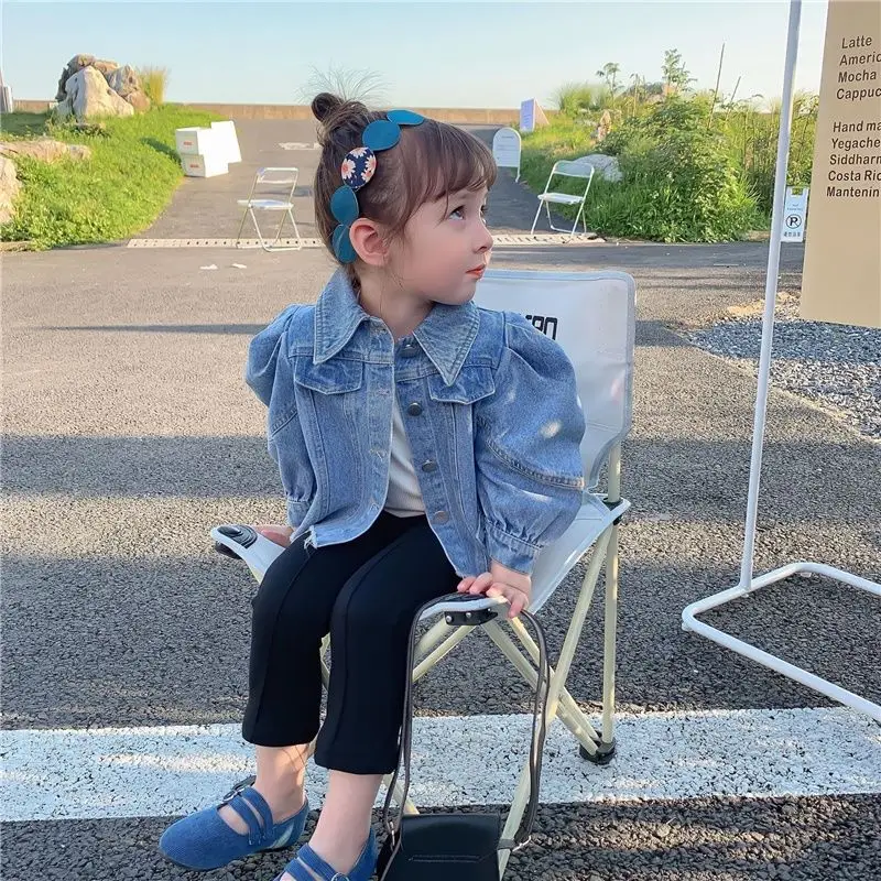 

Spring and Autumn Girls Denim Jacket New Children's Baby Bubble Sleeves Short Jacket Long Sleeve Jacket Cardigan