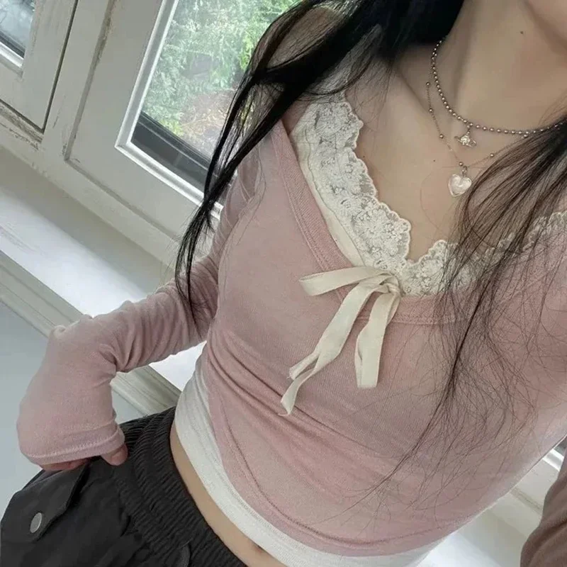 

Y2k Pink Korean Style Slim-fit Knitted Tops Sweet Coquette Contrast Color Patchwork Cropped Top Aesthetic Long Sleeve Tops