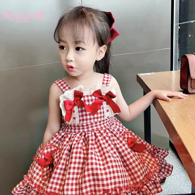 Robe Lolita pour filles, style été, robe de princesse élégante à carreaux pour enfants, robe d'été dos nu à bretelles pour bébé fille 1