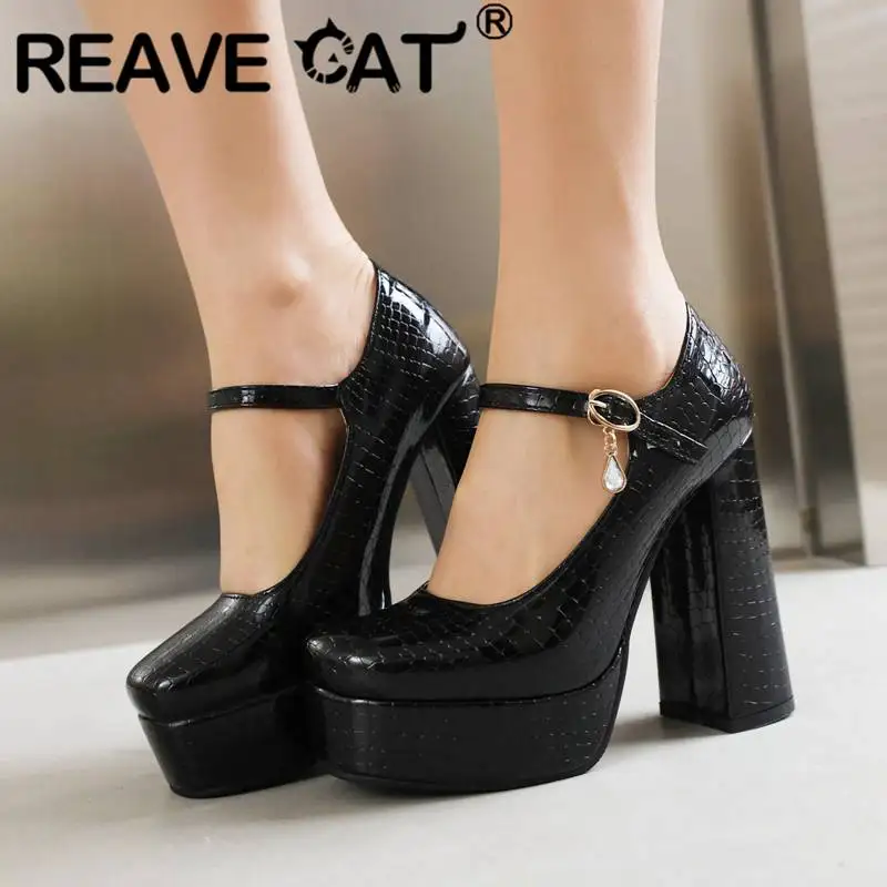 

REAVE CAT Female Pumps Square Toe Chunky Heel 12cm Platform 3cm Buckle Strap Plus Size 44 45 Sexy Solid Wedding Shoes For Women