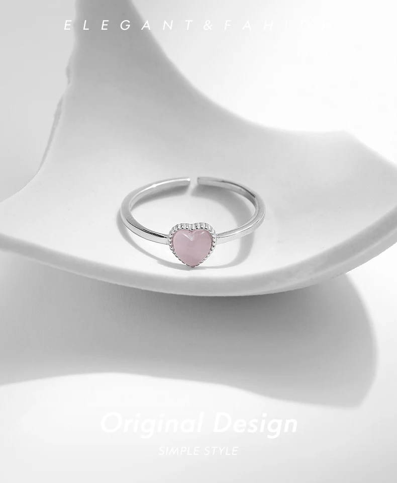MODIAN 925 Sterling Silver Pink Crystal Hearts Opal Open Size 6-8 Finger Ring Sweet Simple Fine Jewelry For Women Birthday Gift