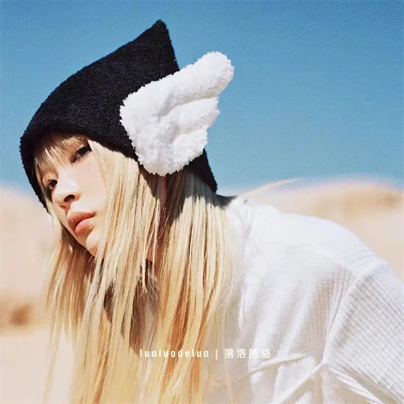 Harajuku Y2k Angel Wings Black Beanie Hats for Women Gothic Punk