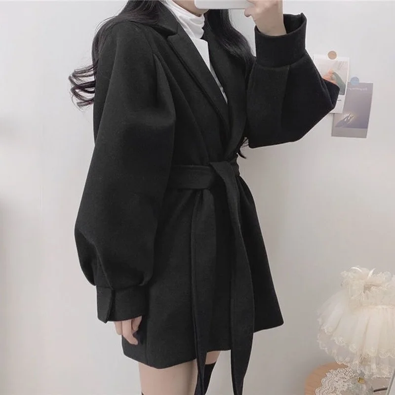Autumn and Winter Fashion Wool Blended Black Long-sleeved Lapel Coat Women's Belt Slim Korean Coat All-match Women's Clothing