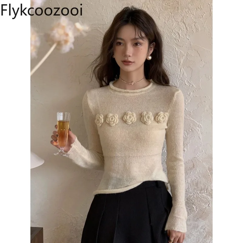 

Women's Sweaters Elegant Solid O-Neck 3D Hooked Flower Long Sleeve Top Vintage Slim Fit Knitted Bottoming Shirts Lady's Clothing