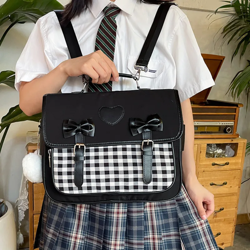 Japanese Backpack Bow Messenger Bag Student Checkerboard  Shoulder Bag For Teenagers Girls Backpack 6