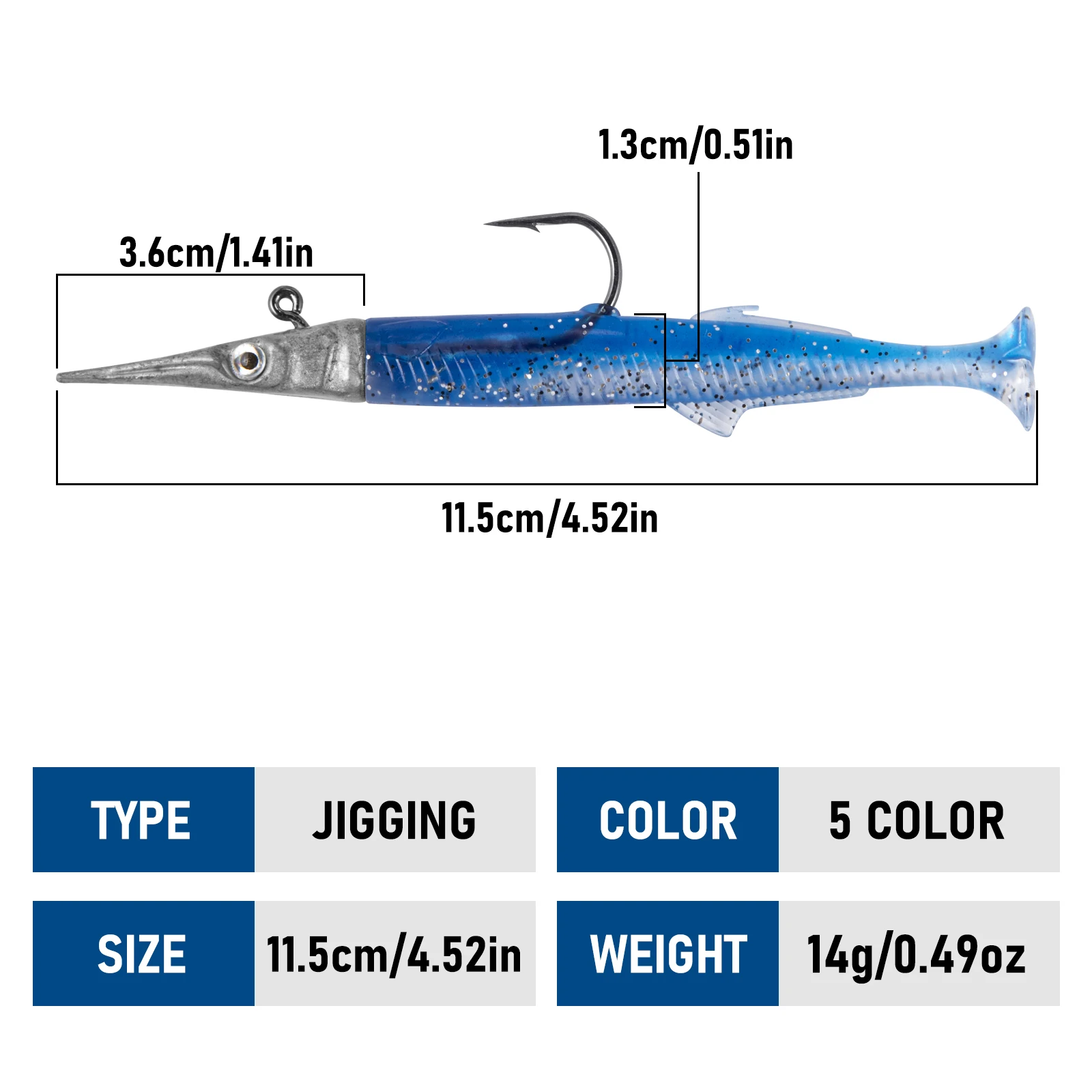 5pcs Sandeel Soft Plastic Fishing Lures with Paddle Tail Jig Heads 11.5cm/14g Swimbait for Bass Trout Pike Saltwater