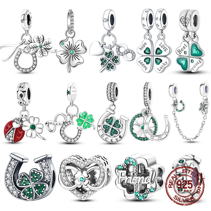 925 Sterling Silver Green Four Leaf Grass Lucky Grass Ciondolo Perline Charms Fit Pandora 925 Braccialetto Originale Creazione Regalo Di Gioielli