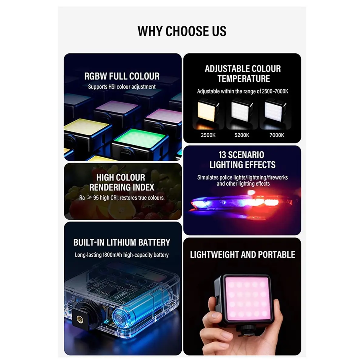 AS62 미니 LED 조명 RGB 풀컬러 포켓 사진 조명 휴대용 카메라 비디오 조명 (브이로그, 라이브 스트리밍, 셀카용)