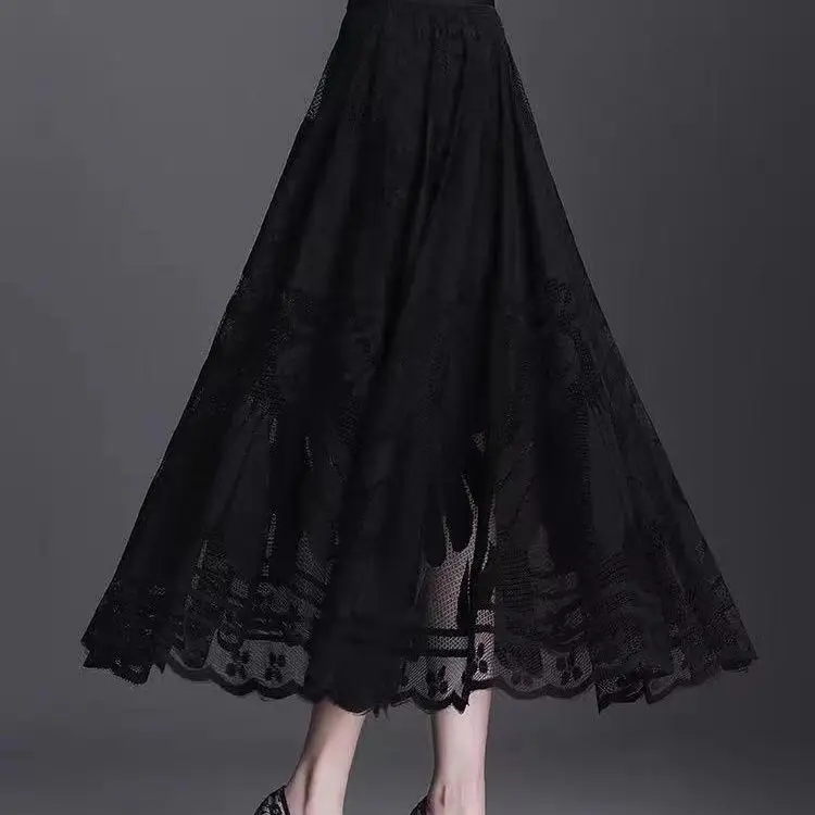 Plus Size Women Lace Skirt Women Niche Autumn New Mid-length Skirt with Large Hem Mesh and Empty Elegant Pleated Vintage Skirt 5