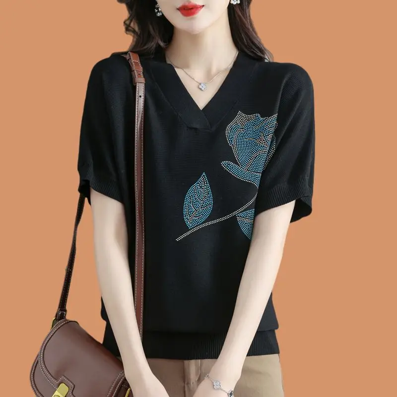 

V-nevk Flower Print Ladies Tees Knitting Women T-shirt Tee Tops Loose Blouses Gift Summer Ladies 2024 Knit News S134