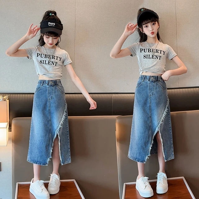 Summer Teen Girls Clothing Sets Children Fashion Letter Tops + Denim Skirt  2Pcs Outfits Kids Suits 4 5 6 7 8 9 10 11 12 13 Years - AliExpress